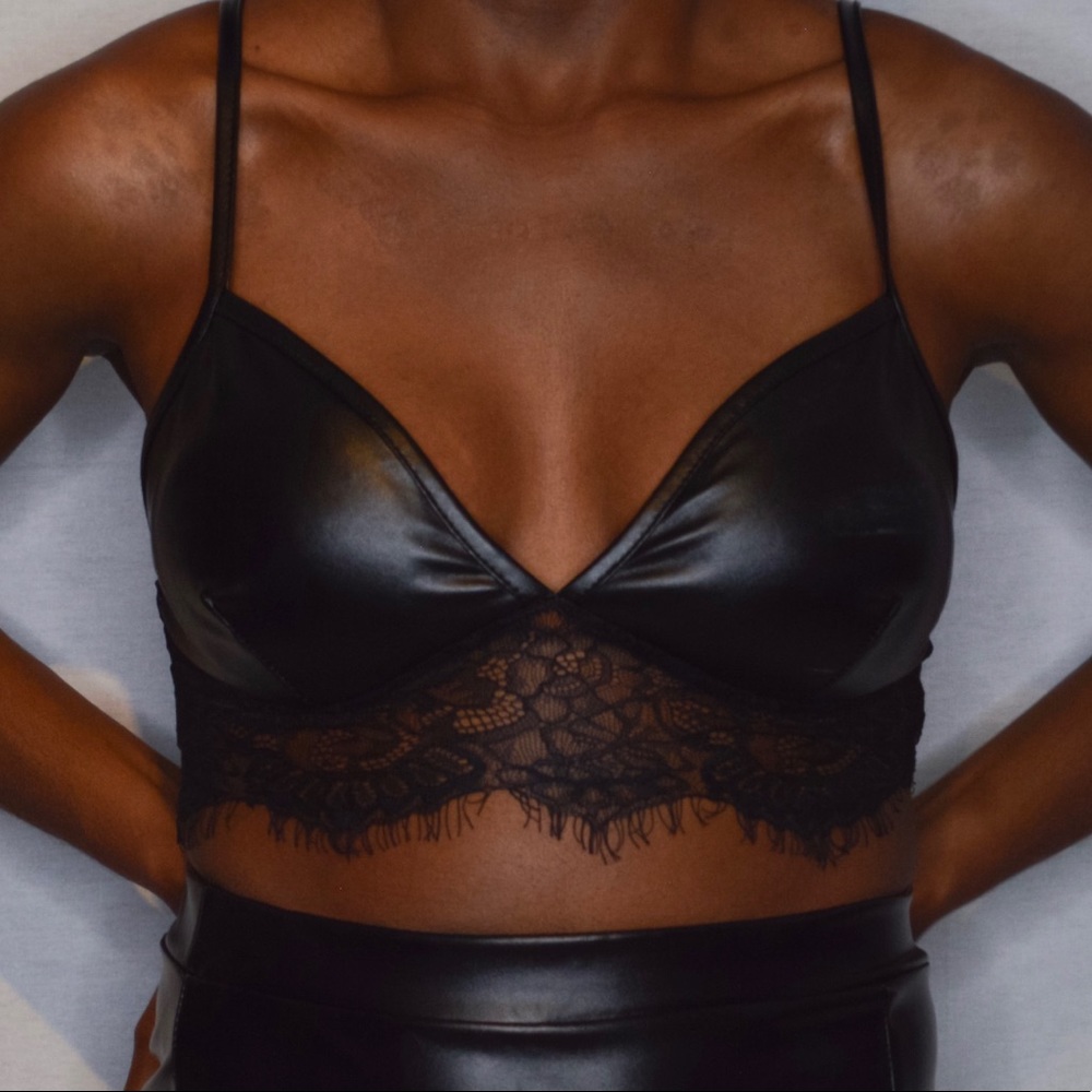 Boohoo Faux Leather Bralette With Lace Trim
